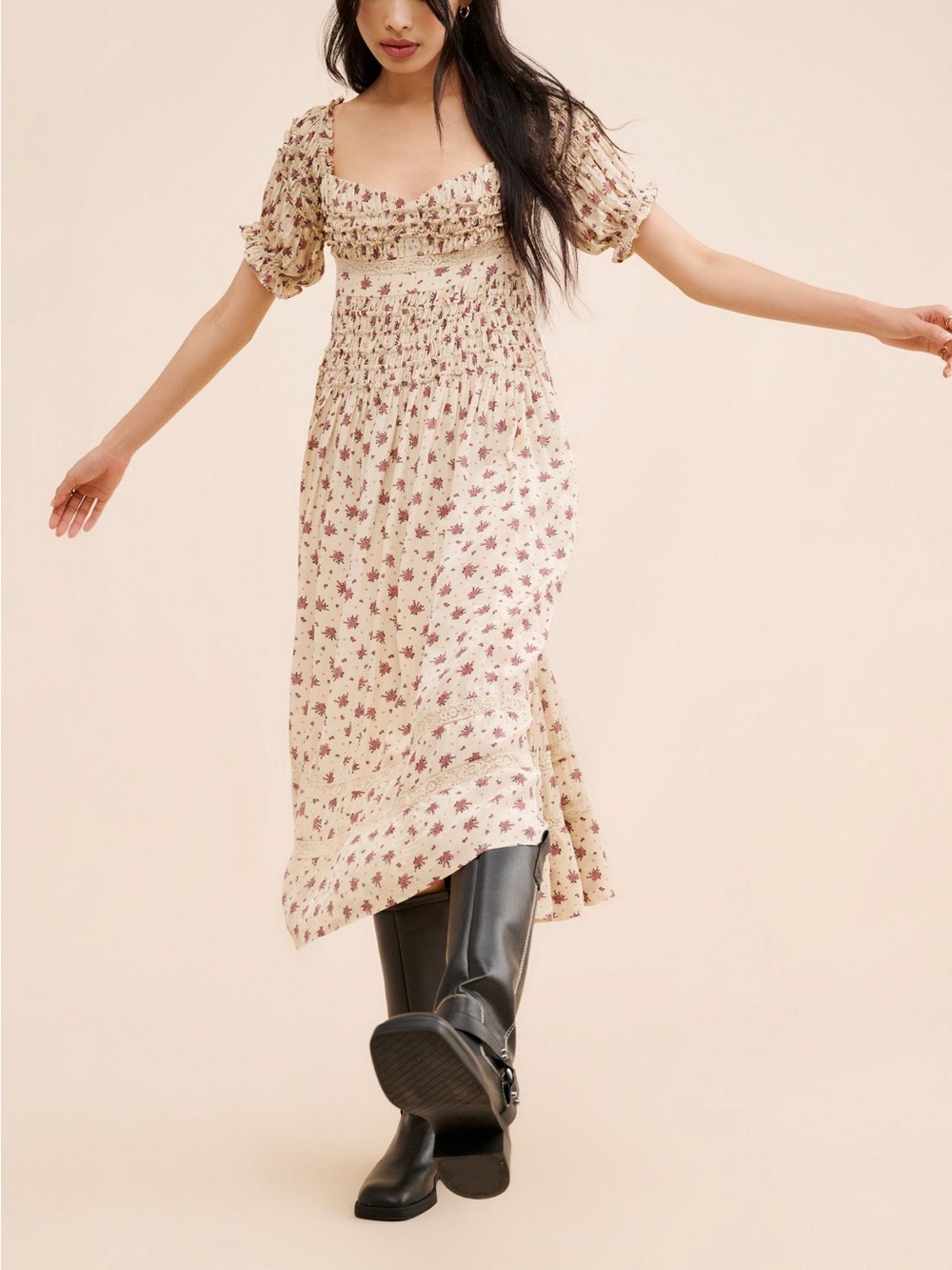 Free people Floral Smocked Puff Sleeve Midi Dress - Cream with Pink Floral Sz 10